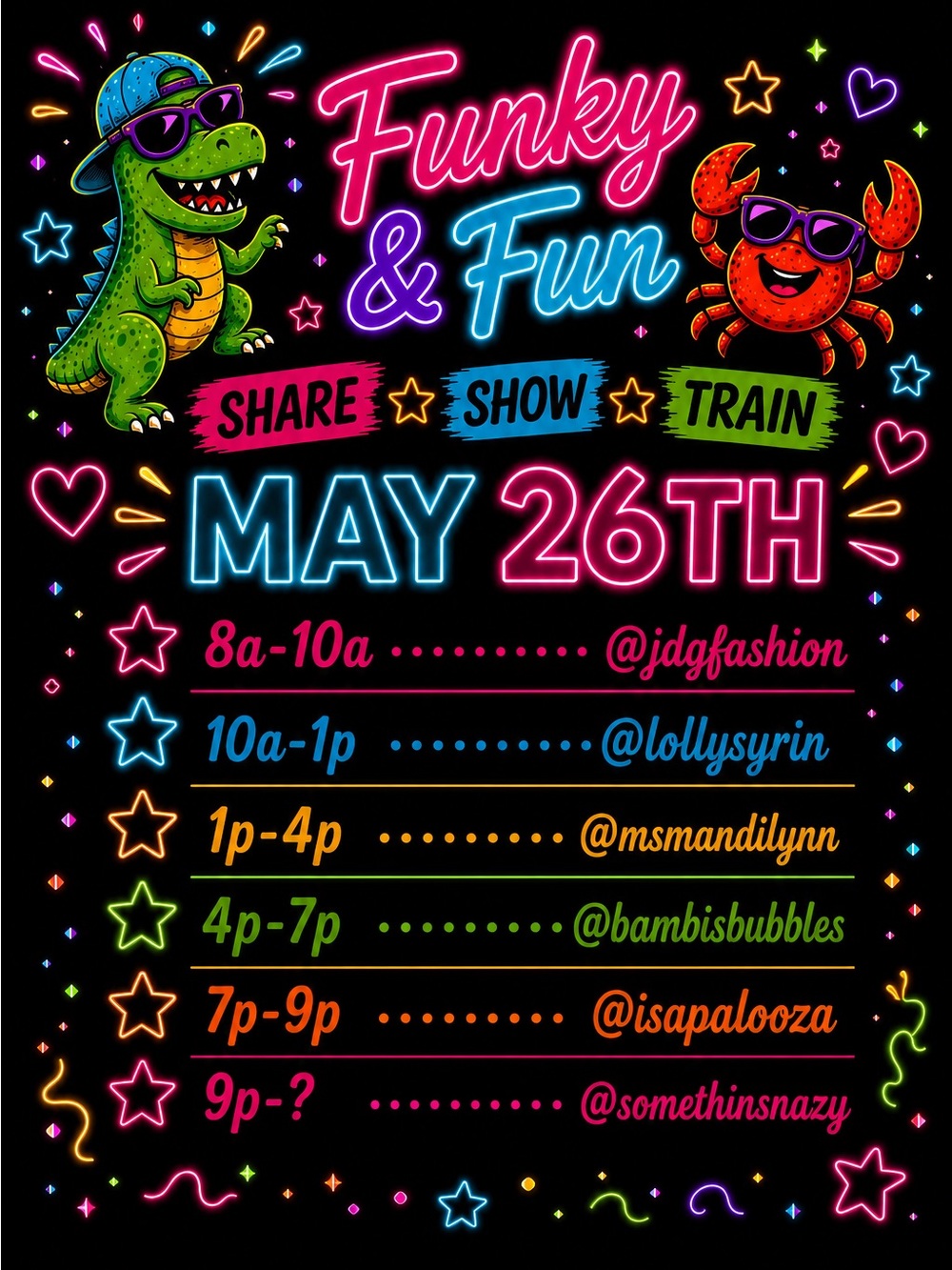 Funky and Fun Tuesday Share Train -8a- 12pm EST
Stop #1 9a- 10 EST May 26th
